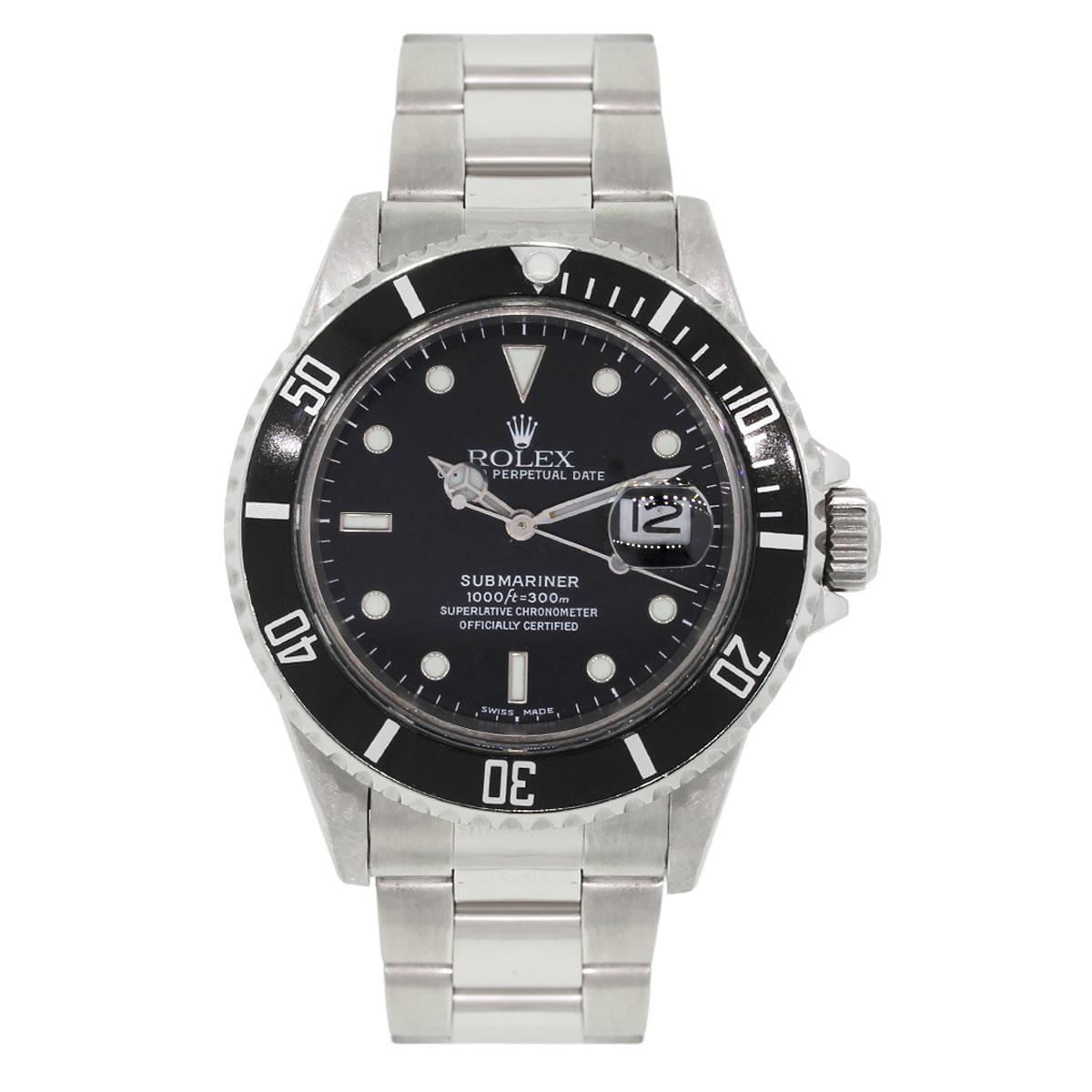 Brand: Rolex
MPN: 16800
Model: Submariner
Case Material: Stainless steel
Case Diameter: 40mm
Crystal: Sapphire crystal
Bezel: Unidirectional black bezel
Dial: Black dial with date window at 3 o’clock position
Bracelet: Stainless steel oyster