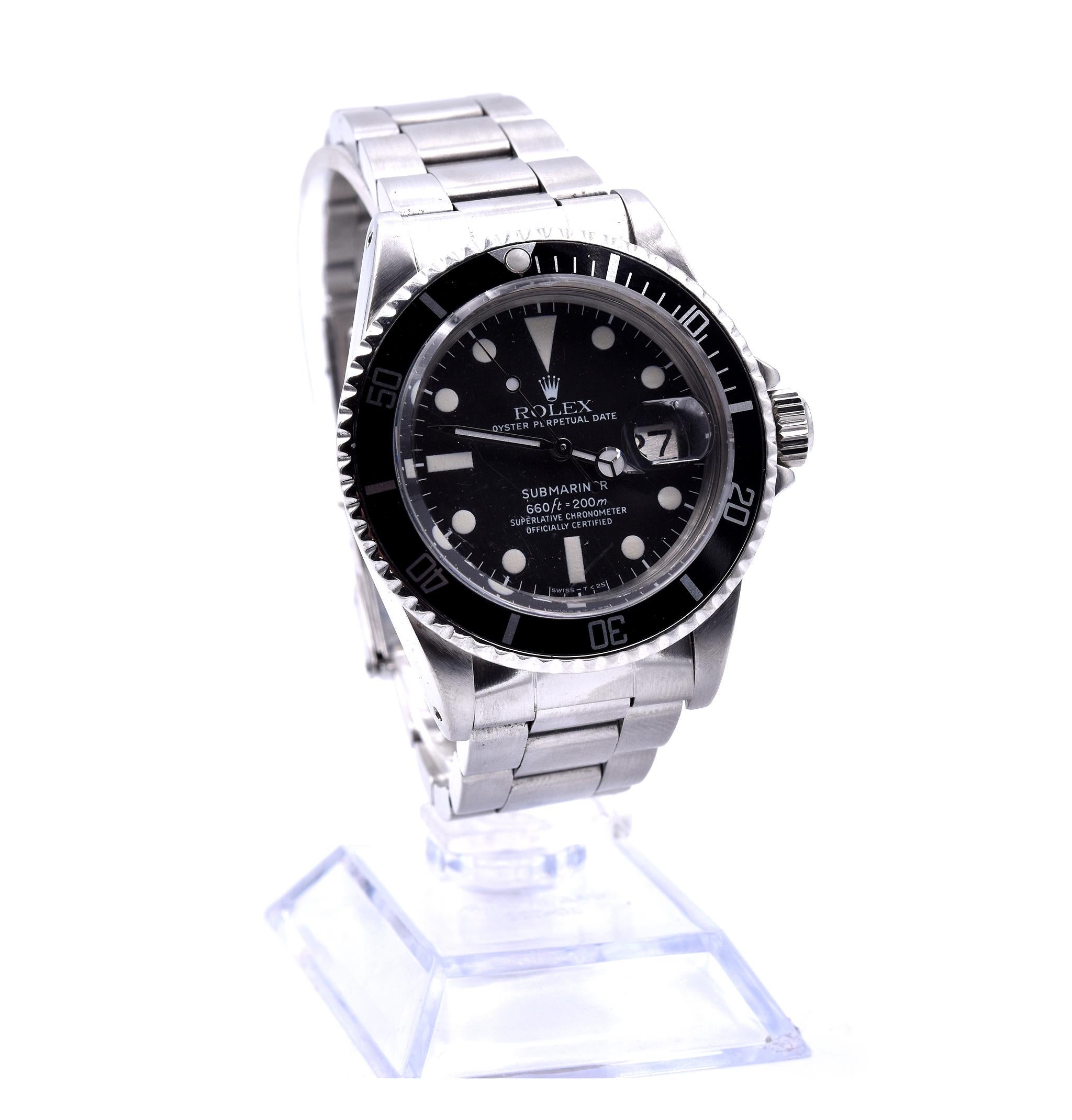 Movement: automatic 
Function: hours, minutes, seconds, date at 3 o’clock
Case: 40mm stainless steel case, rotatable time-lapse diver’s bezel, acrylic crystal
Dial: black dial with cream hour markers and hands
Band: Rolex stainless steel oyster lock