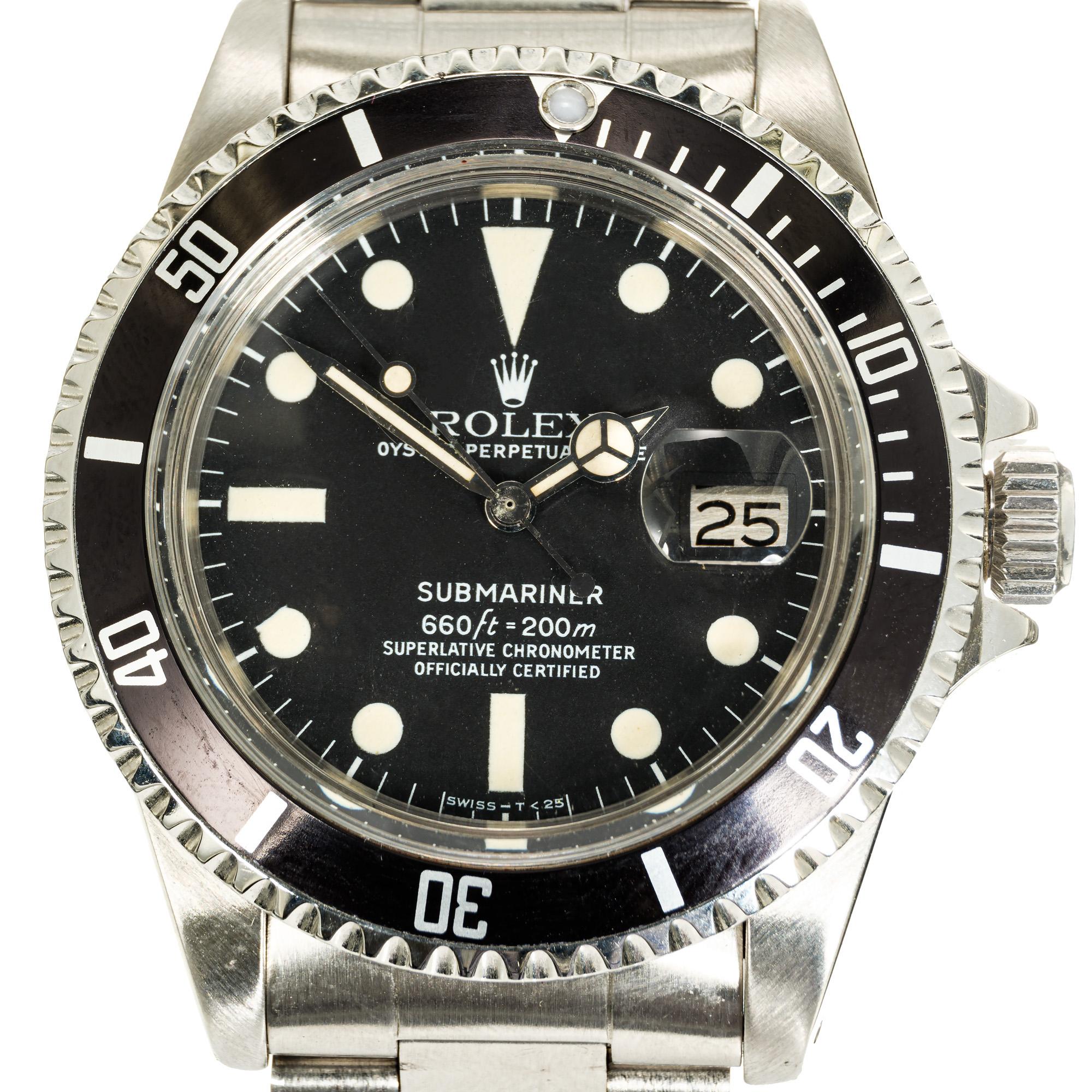 Restored, refinished and guaranteed vintage 1979 Rolex submariner ref 1680.  8 Inches and can be shortened. Original Rolex matt finish black dial with stainless steel Oyster band. Box and papers included. Serial# 6154173

Length: 47mm
Width: