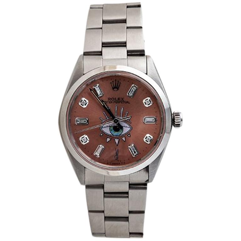 Rolex Stainless Steel Ten Diamond Custom Vintage Wristwatch For Sale