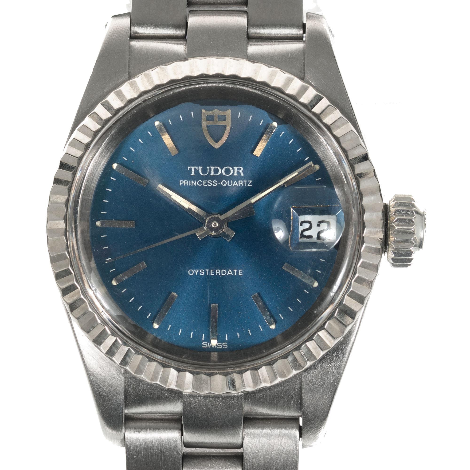 Blue dial Tudor by Rolex oyster date stainless steel quartz wristwatch. Oyster band

Length: 31.91mm
Width: 25mm
Band width at case: 13.35mm
Case thickness: 9.34mm
Band: Stainless Steel oyster band
Crystal: acrylic
Dial: navy
Outside case: Rolex