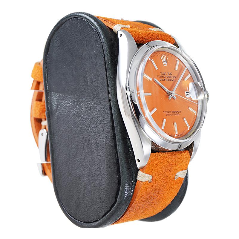 Moderne Rolex Montre Datejust vintage en acier inoxydable avec cadran orange personnalisé, années 1970 en vente