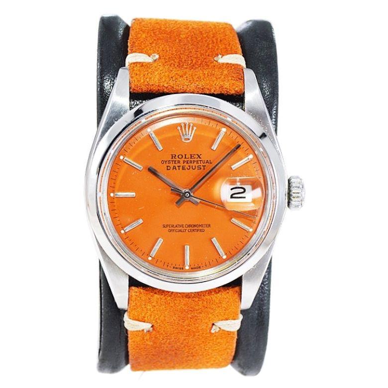 Rolex Montre Datejust vintage en acier inoxydable avec cadran orange personnalisé, années 1970 Excellent état - En vente à Long Beach, CA