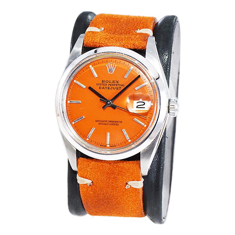 Rolex Montre Datejust vintage en acier inoxydable avec cadran orange personnalisé, années 1970 Unisexe en vente