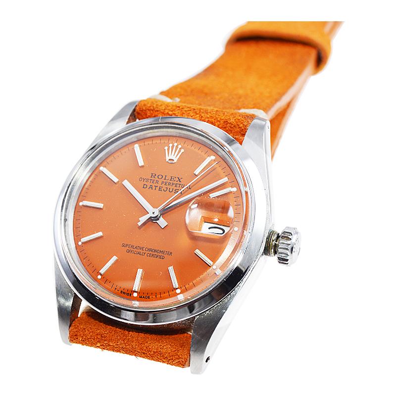 Rolex Montre Datejust vintage en acier inoxydable avec cadran orange personnalisé, années 1970 en vente 1