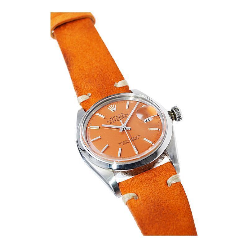 Rolex Montre Datejust vintage en acier inoxydable avec cadran orange personnalisé, années 1970 en vente 2