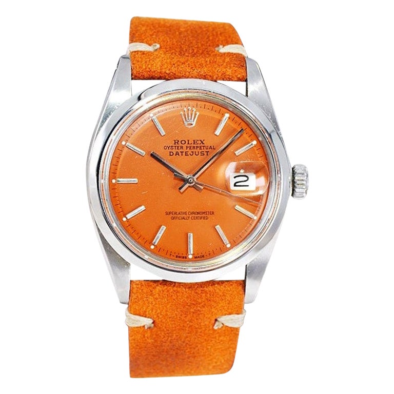 Rolex Stainless Steel Vintage Datejust with Custom Orange Dial, 1970s