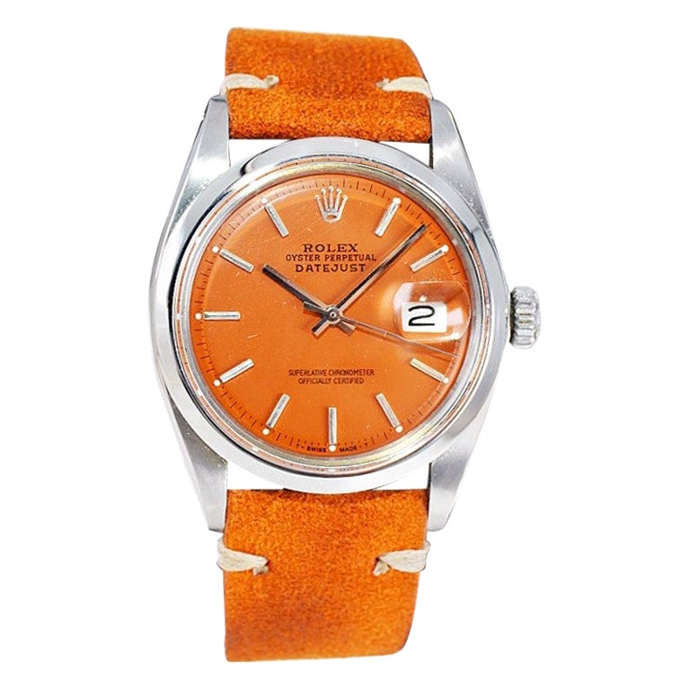Rolex Stainless Steel Vintage Datejust with Custom Orange Dial, 1970s