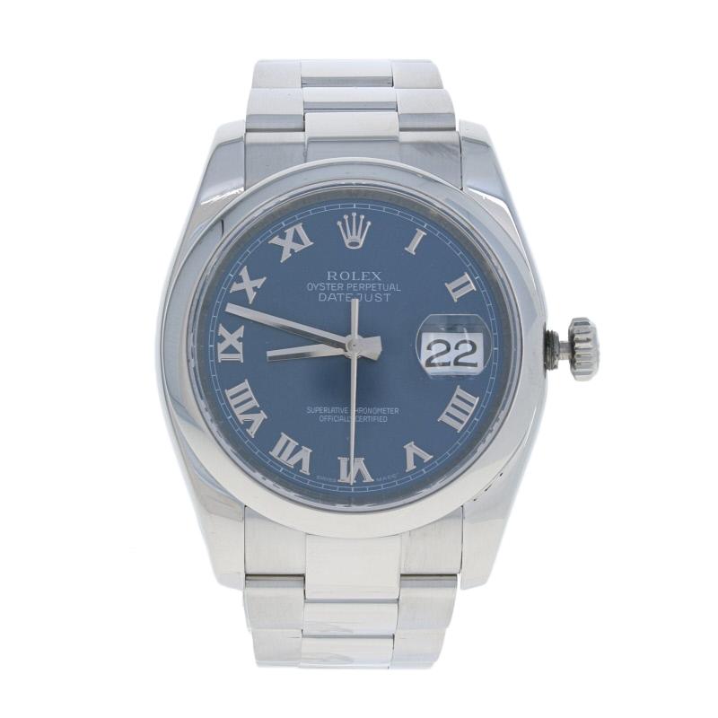 This is an authentic Rolex wristwatch. The watch has been professionally serviced and comes with a two-year warranty along with the Rolex boxes, papers, and an additional link.

Brand: Rolex Oyster Perpetual Datejust
Model Number: 116200
Year Range: