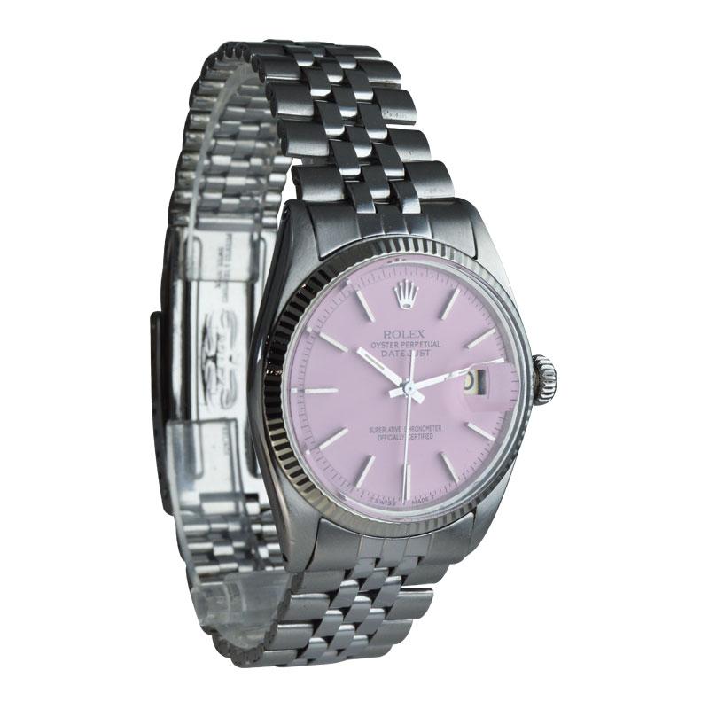 Modern Rolex Stainless Steel White Gold Bezel Datejust with Custom Pink Dial 1960's For Sale