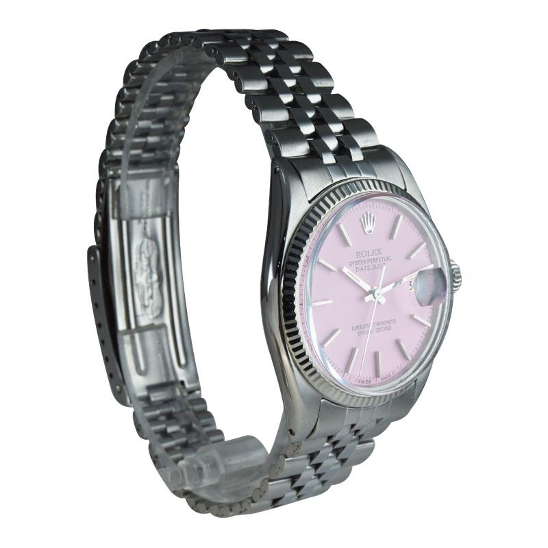 Rolex Stainless Steel White Gold Bezel Datejust with Custom Pink Dial 1960's In Excellent Condition For Sale In Long Beach, CA