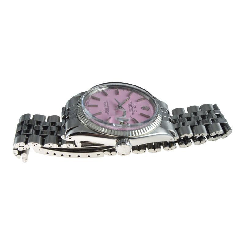 Women's or Men's Rolex Stainless Steel White Gold Bezel Datejust with Custom Pink Dial 1960's For Sale