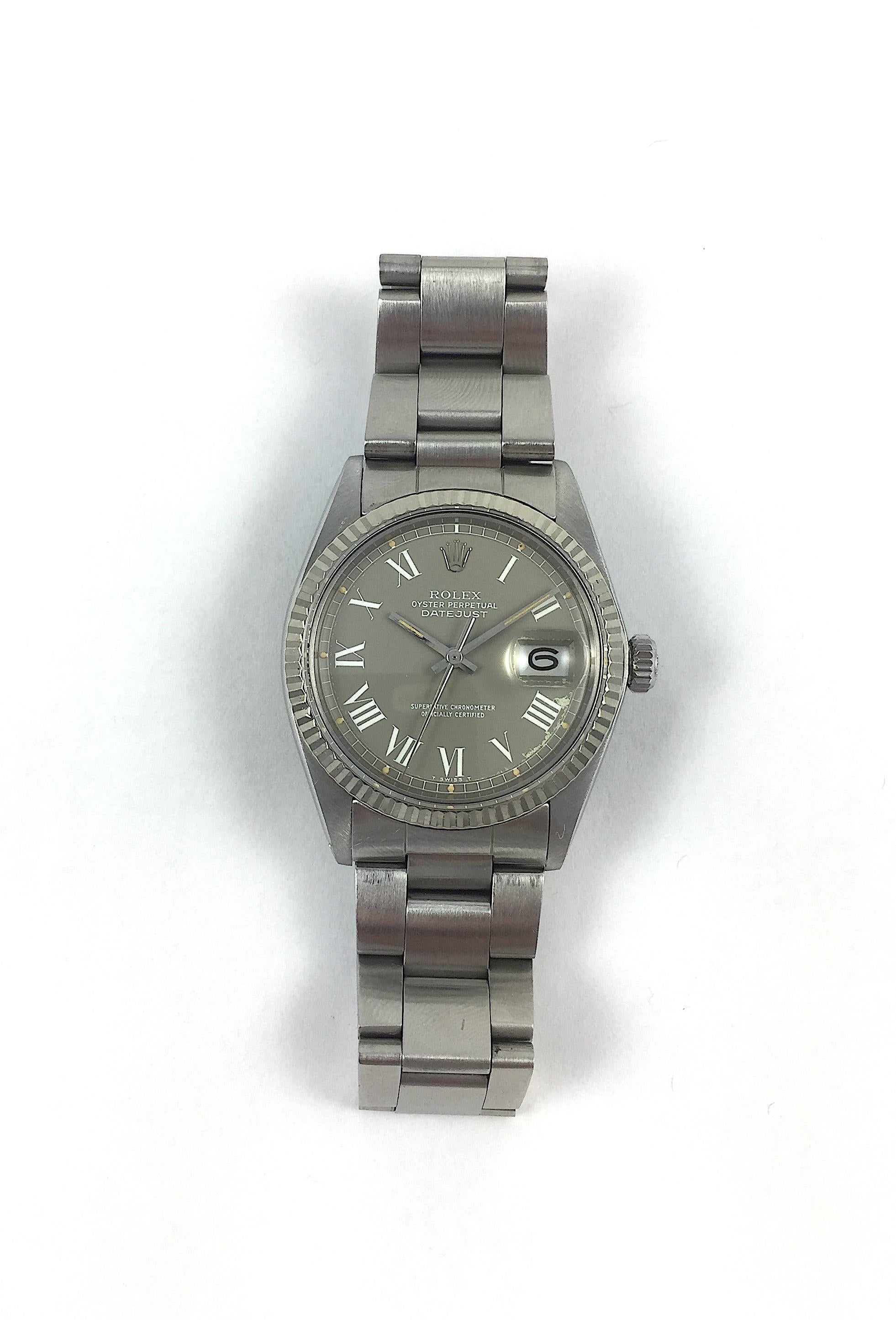 Rolex Stainless Steel White Gold Grey Buckley Dial Datejust Automatic Wristwatch In Good Condition For Sale In New York, NY