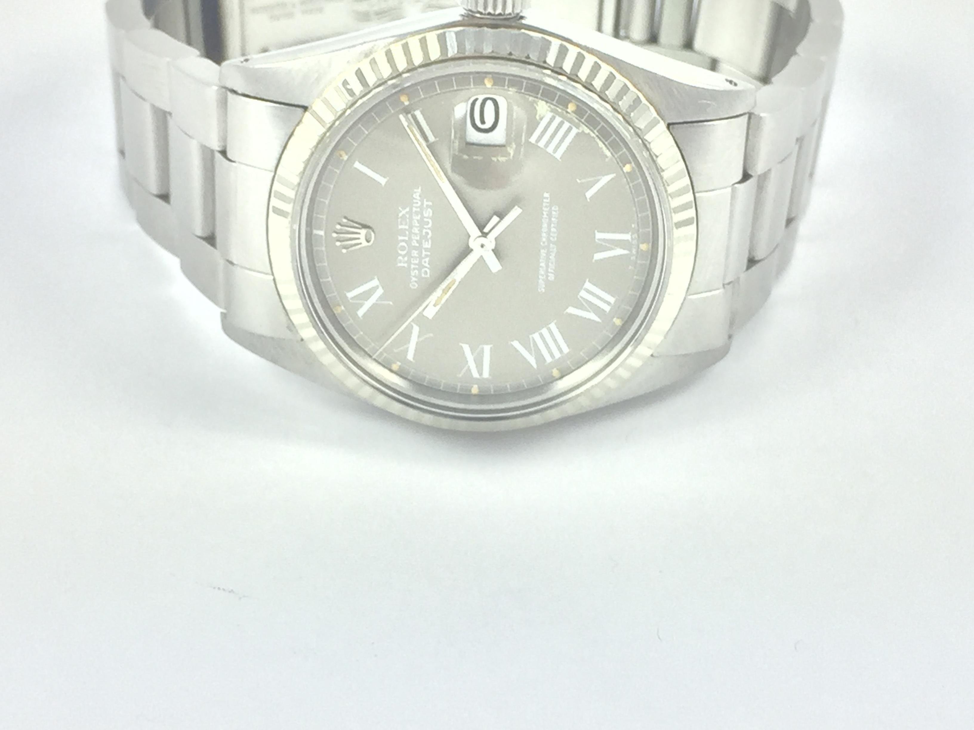 Rolex Stainless Steel White Gold Grey Buckley Dial Datejust Automatic Wristwatch For Sale 3