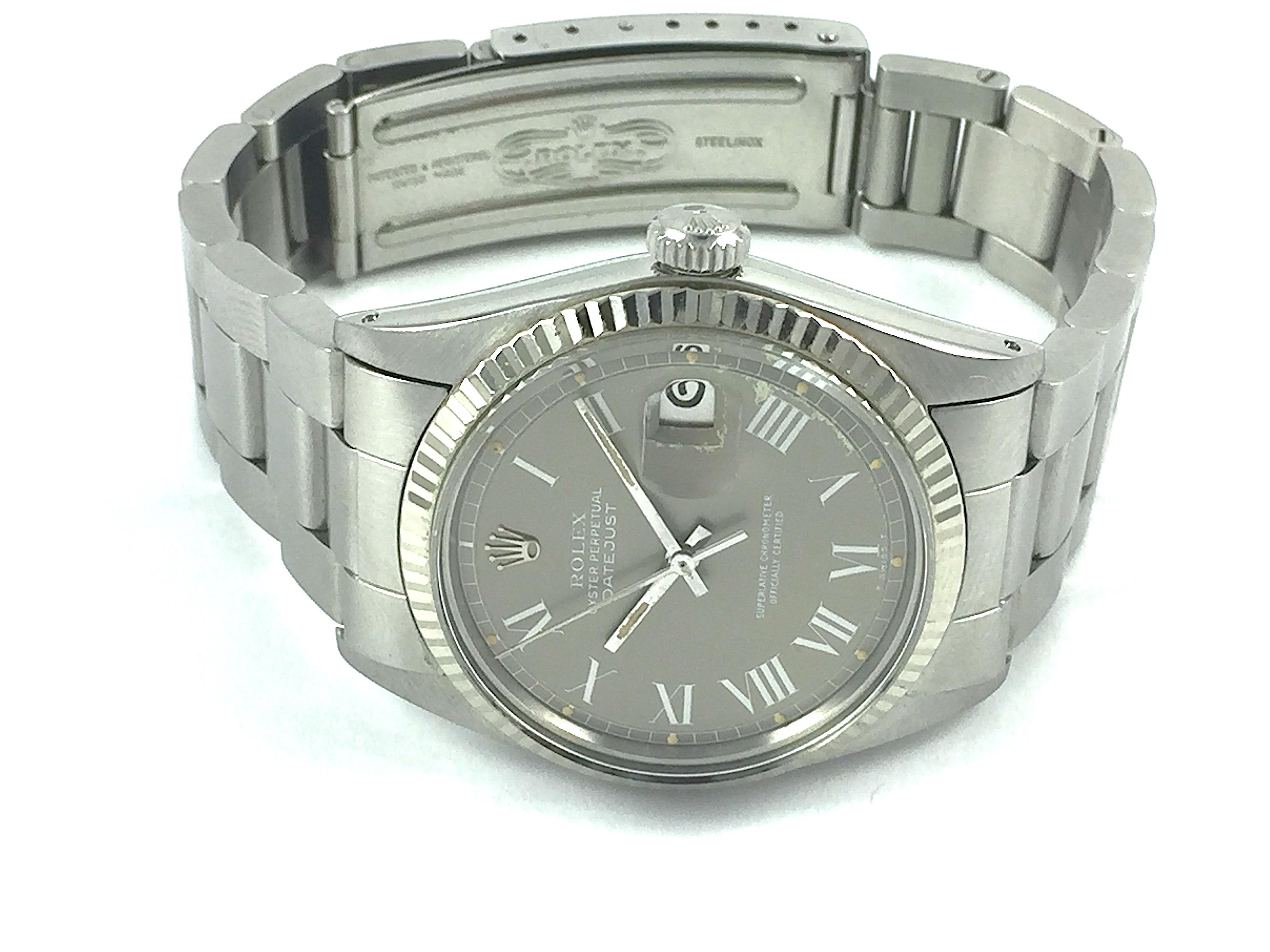 Rolex Stainless Steel White Gold Grey Buckley Dial Datejust Automatic Wristwatch For Sale 4