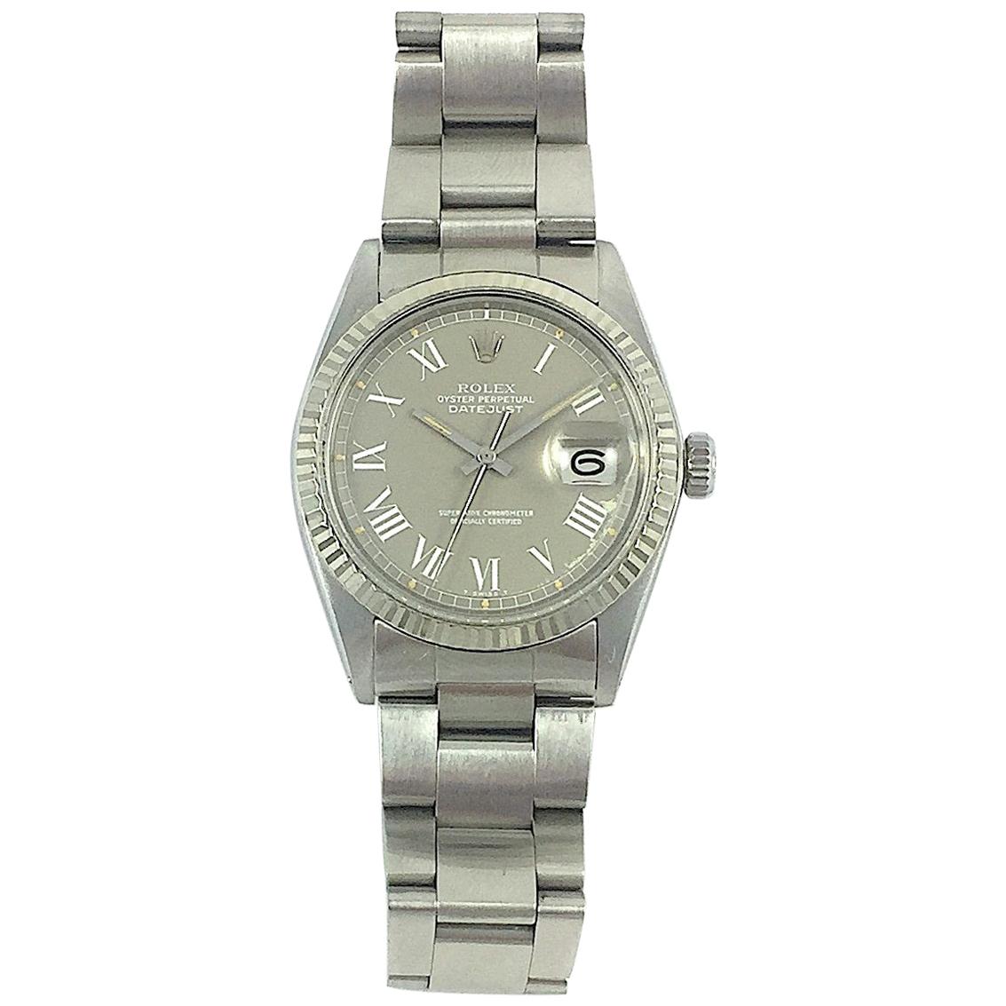 Rolex Stainless Steel White Gold Grey Buckley Dial Datejust Automatic Wristwatch For Sale