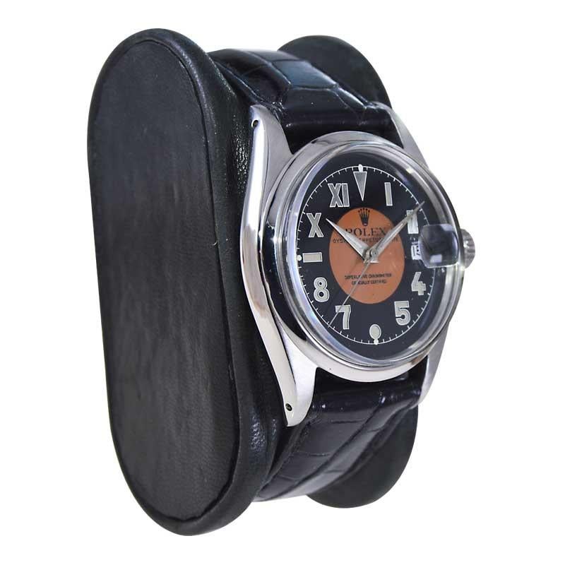 FACTORY / HOUSE: Rolex Watch Company
STYLE / REFERENCE: Oyster Perpetual Date / Reference 6534
METAL / MATERIAL: Stainless Steel
CIRCA / YEAR:  1957
DIMENSIONS / SIZE: Length 42mm X Diameter 35mm
MOVEMENT / CALIBER: Manual Winding / 25 Jewels /