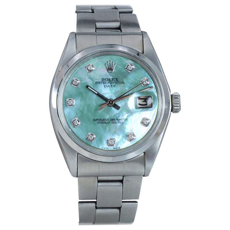 Rolex Steel Oyster Perpetual Date with Custom Made Mother of Pearl Dial, 1970's For Sale