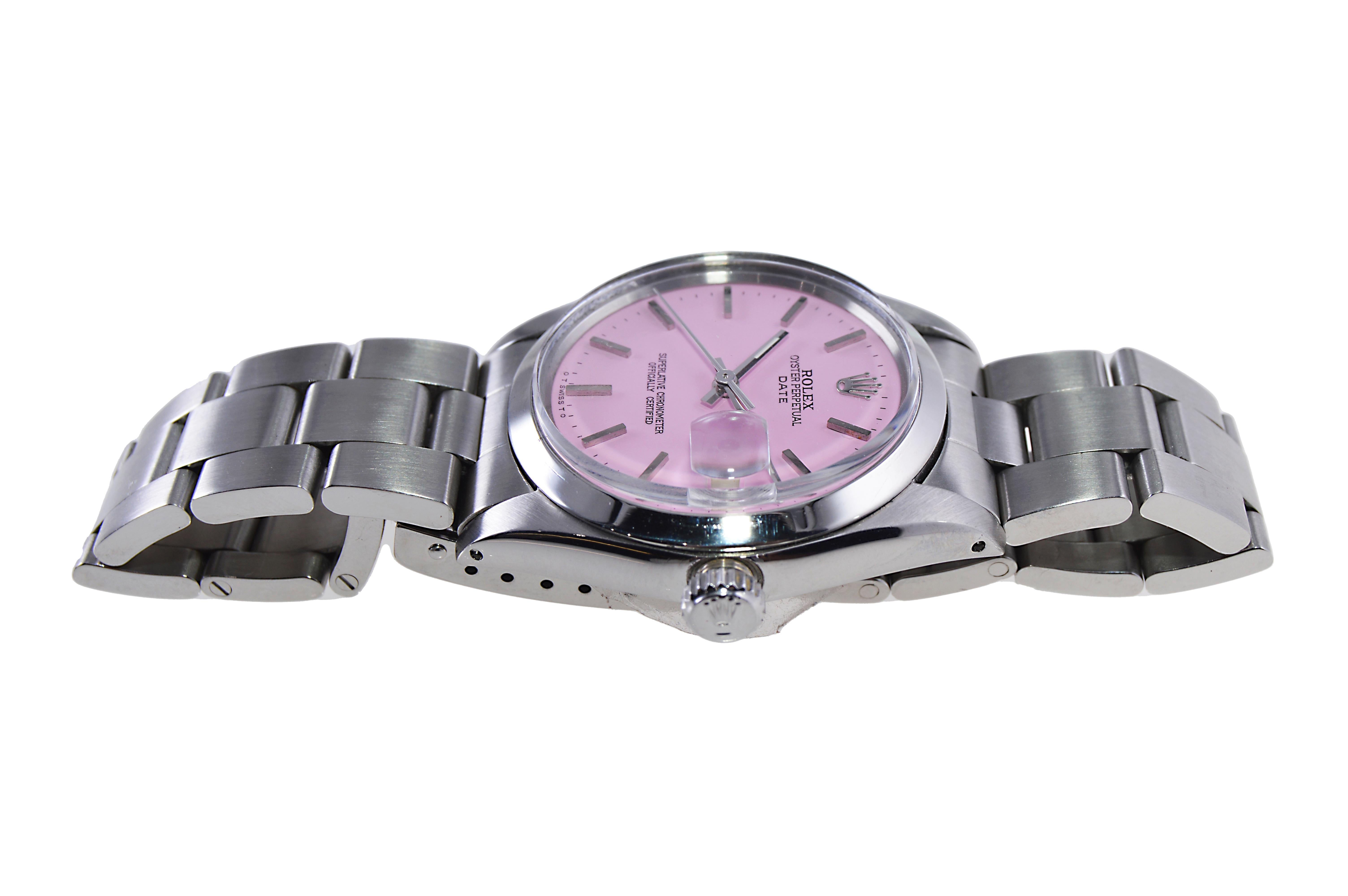 Rolex Stainless Steel Oyster Perpetual Date with Custom Made Pink Dial 1960's For Sale 2