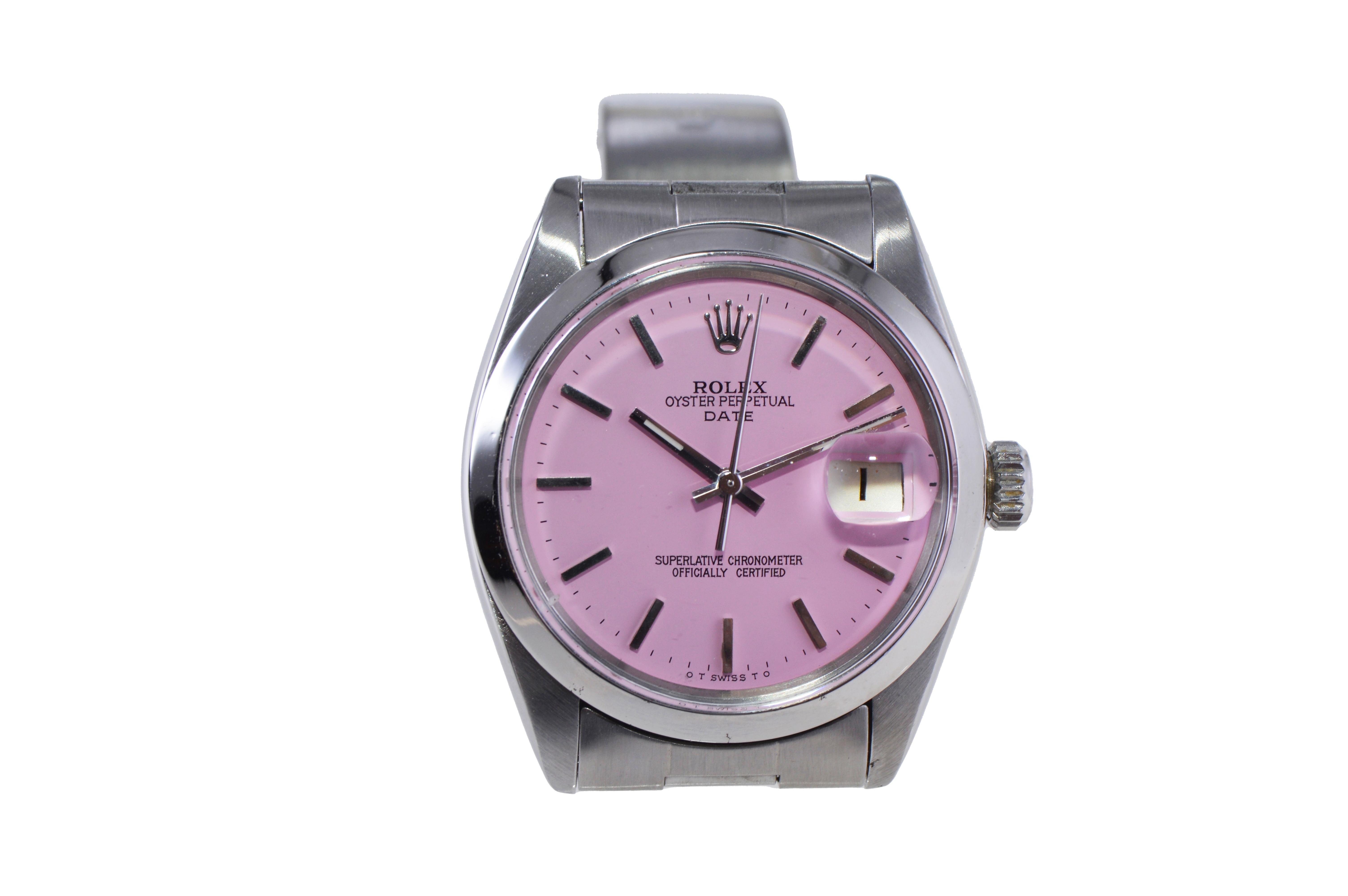 Rolex Stainless Steel Oyster Perpetual Date with Custom Made Pink Dial 1960's In Excellent Condition For Sale In Long Beach, CA