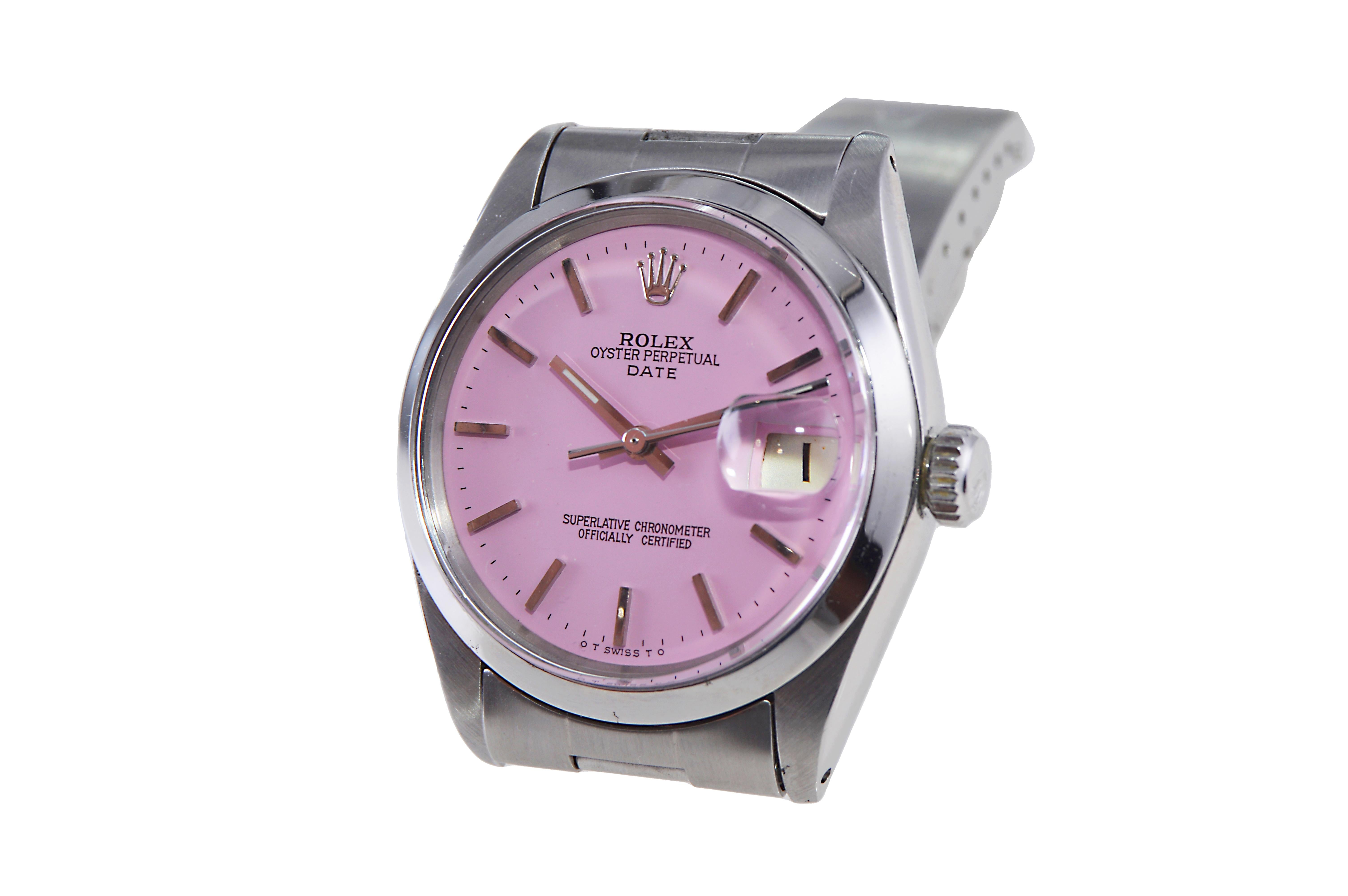 Women's or Men's Rolex Stainless Steel Oyster Perpetual Date with Custom Made Pink Dial 1960's For Sale