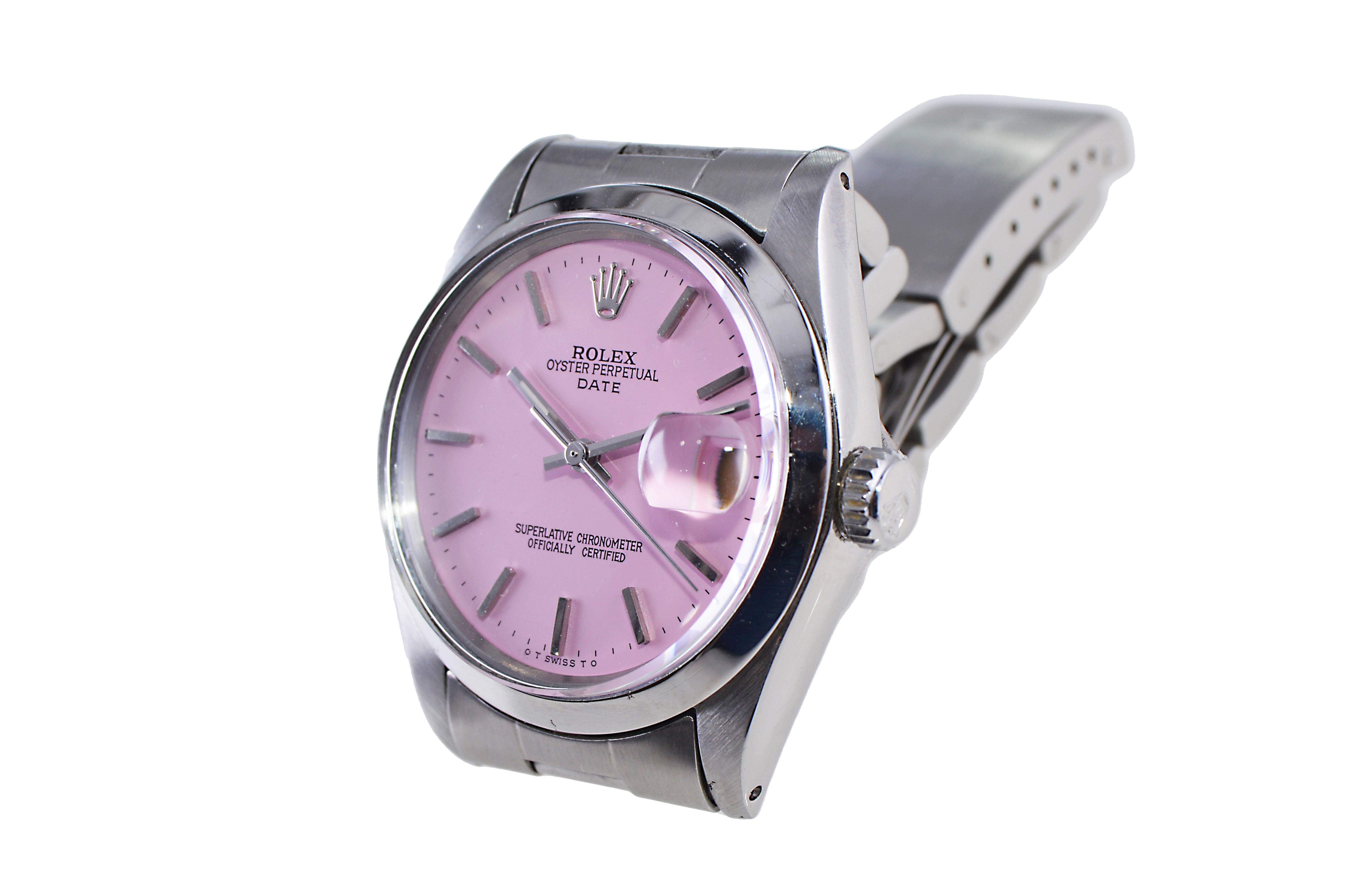 Rolex Stainless Steel Oyster Perpetual Date with Custom Made Pink Dial 1960's For Sale 1