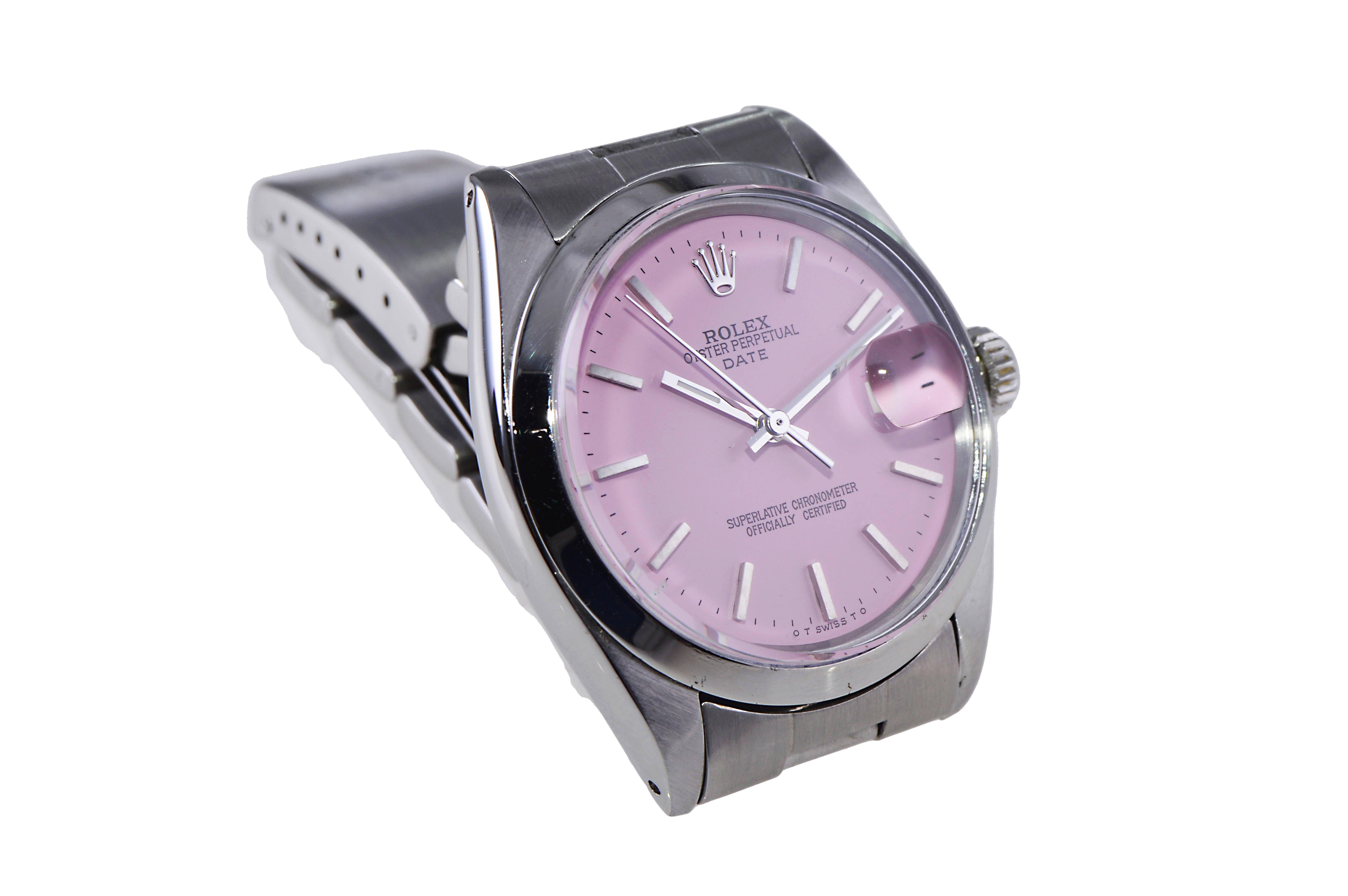 Modern Rolex Steel Oyster Perpetual Date with Custom Made Pink Dial circa Mid 1960's For Sale