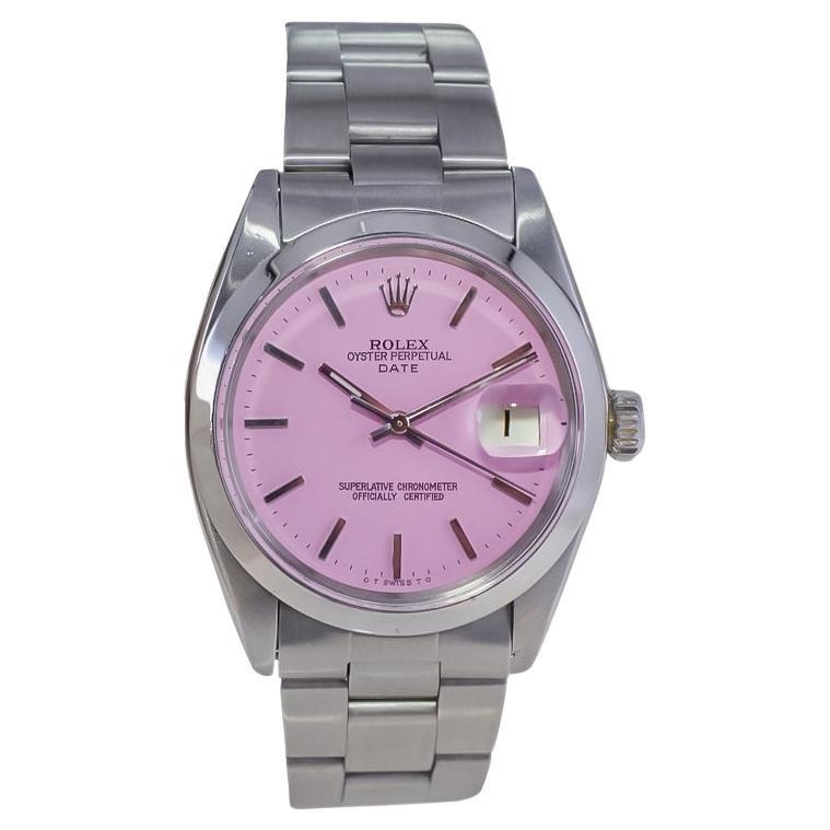 Rolex Steel Oyster Perpetual Date with Custom Made Pink Dial circa Mid 1960's For Sale