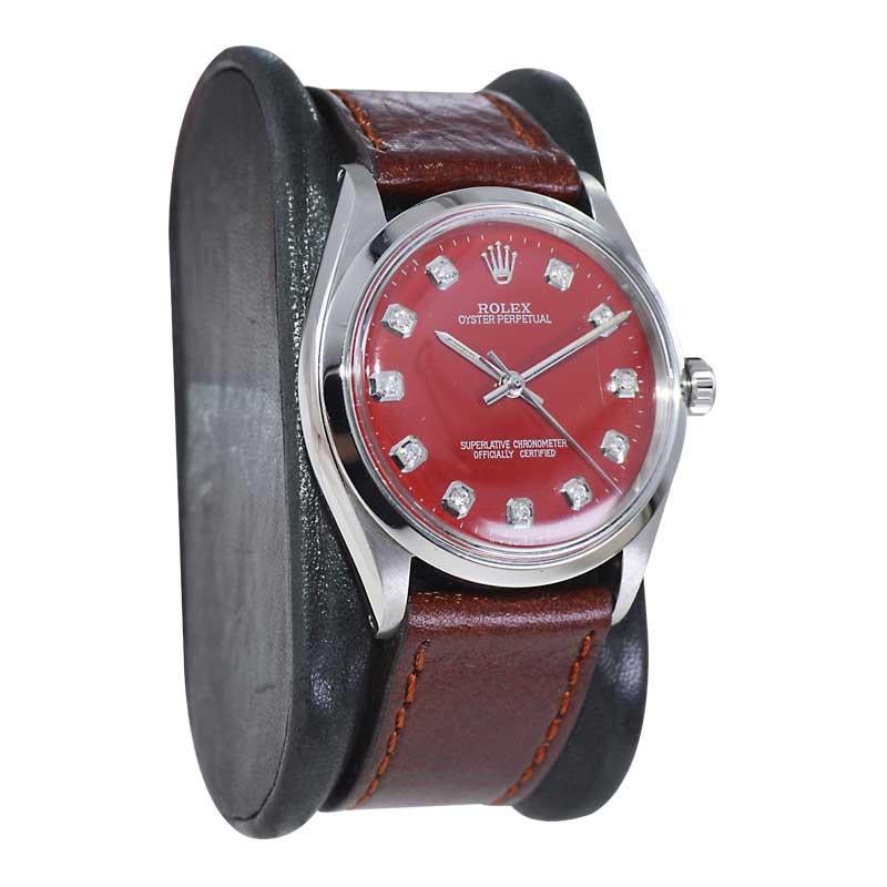 Rolex Stainless Steel with Custom Made Red Diamond Dial from 1960's / 70's In Excellent Condition In Long Beach, CA