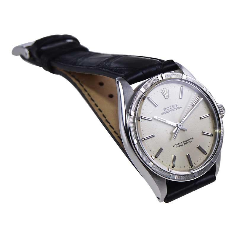 Modernist Rolex Stainless Steel with Machined Bezel and Black Alligator Strap from 1967 For Sale