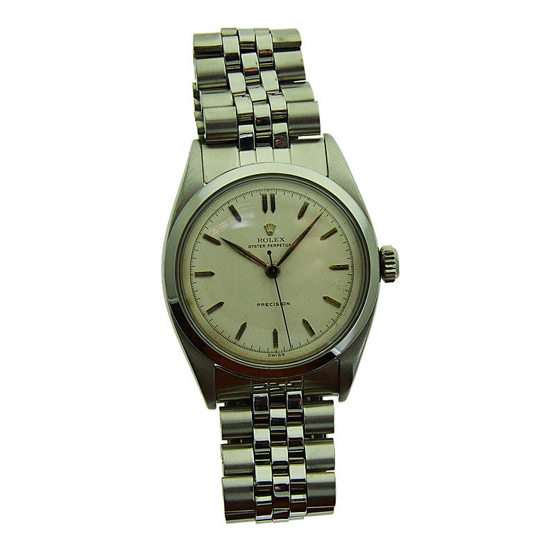 FACTORY / HOUSE: Rolex Watch Company
STYLE / REFERENCE: Oyster Perpetual / Reference 6298
METAL / MATERIAL: Stainless Steel
CIRCA / YEAR: 1953
DIMENSIONS / SIZE: Length 35mm X Diameter 44 mm
MOVEMENT: Perpetual Winding / 19 Jewels / Caliber  775
