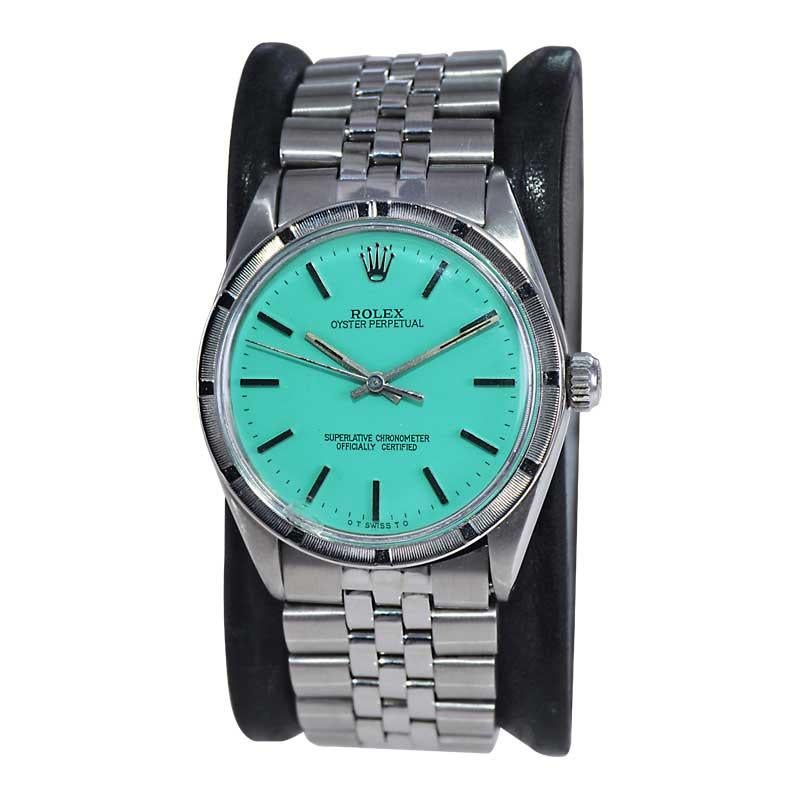 Modernist Rolex Stainless Steel with T. Blue Dial Rare Machined Bezel from Mid 1960's For Sale