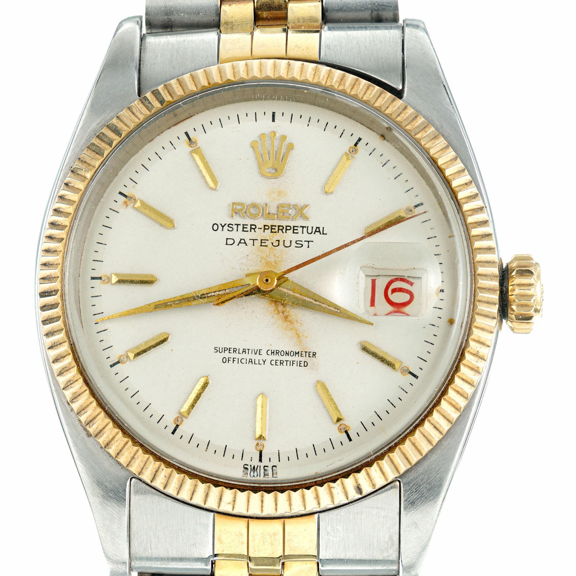 Rolex Stainless Steel and 14k Yellow Gold Datejust Wristwatch, Ref. 6605. Natural wear/patina on the dial.

Stainless steel and 14k yellow gold
Bracelet Length: 8 1/4 inches and adjustable
Grams: 91.3
Case length: 44.5mm
Width: 36mm
Bracelet width