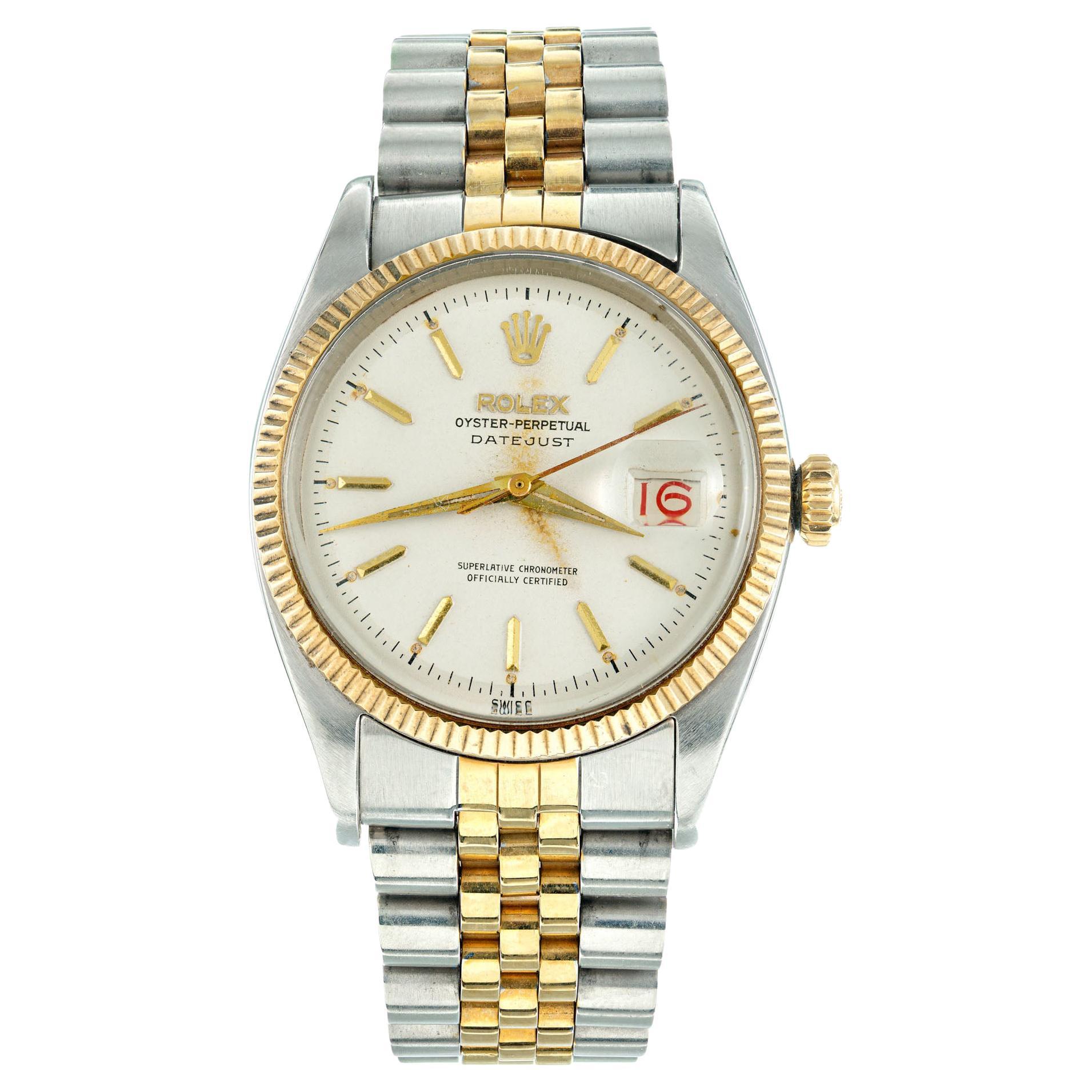 Rolex Stainless Steel Yellow Gold Datejust Wristwatch Ref 6605 For Sale