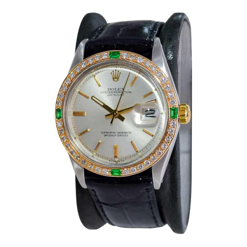 Modernist Rolex Stainless with Gold Aftermarket Diamond and Emerald Bezel from Mid 1970's