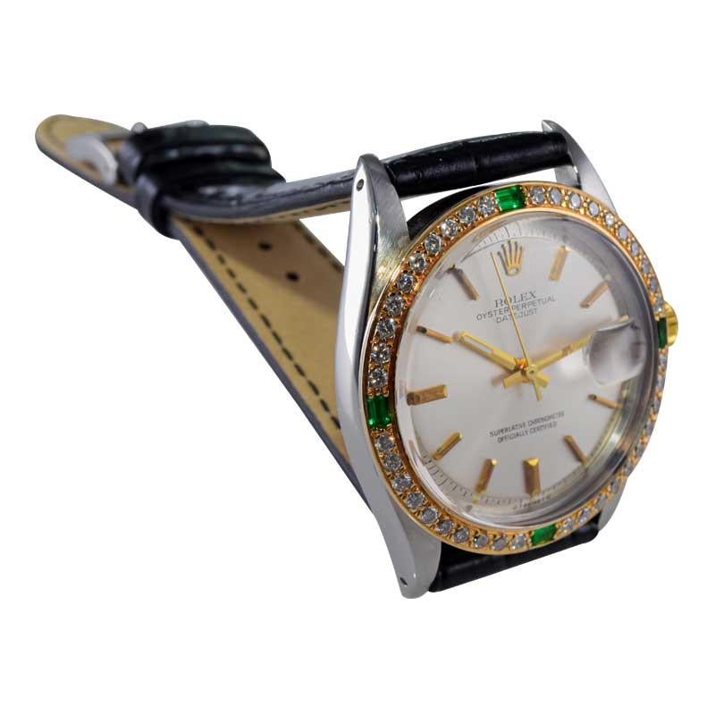 Rolex Stainless with Gold Aftermarket Diamond and Emerald Bezel from Mid 1970's In Excellent Condition In Long Beach, CA