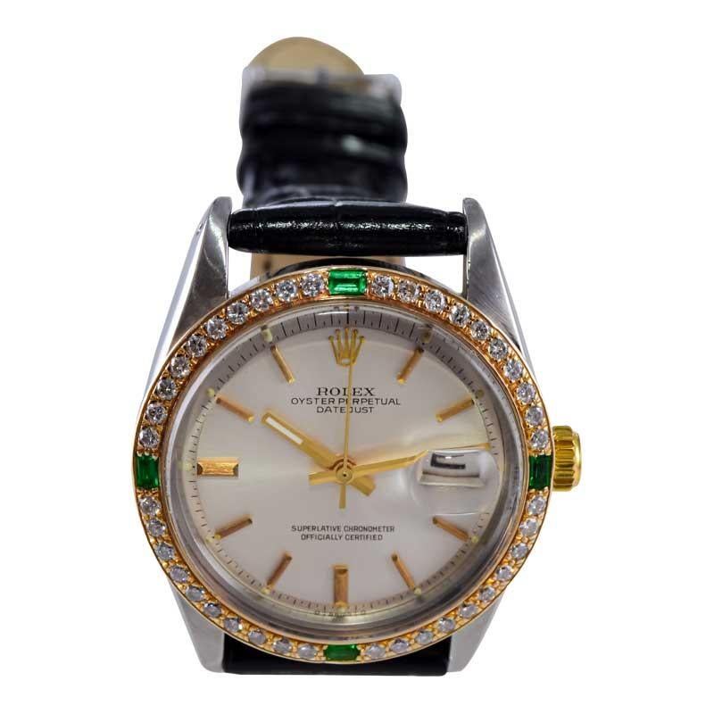 Women's or Men's Rolex Stainless with Gold Aftermarket Diamond and Emerald Bezel from Mid 1970's