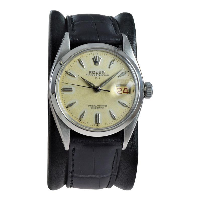 FACTORY / HOUSE: Rolex Watch Company
STYLE / REFERENCE: Oyster Perpetual .Date / Reference 6534
METAL / MATERIAL: Stainless Steel 
CIRCA / YEAR: 1957
DIMENSIONS / SIZE: Length 42mm x Diameter 34mm
MOVEMENT / CALIBER: Perpetual Winding / 26 Jewels /