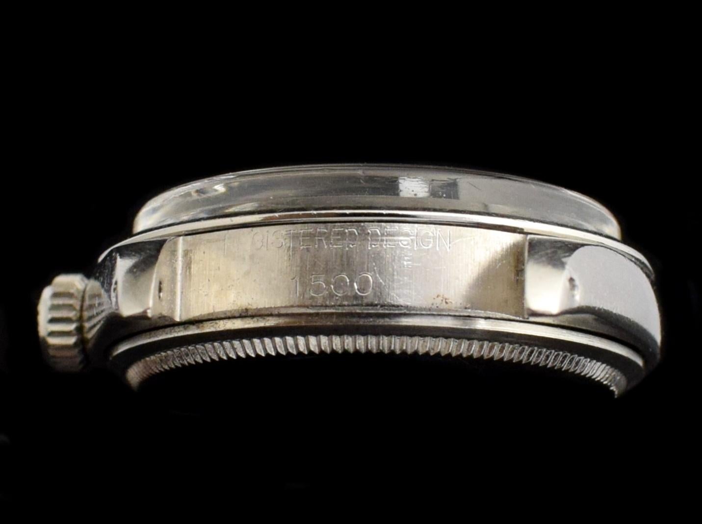 Rolex Stahl 34mm Oyster Perpetual Date Graues Zifferblatt 1500 Automatikuhr, 1969 im Angebot 3