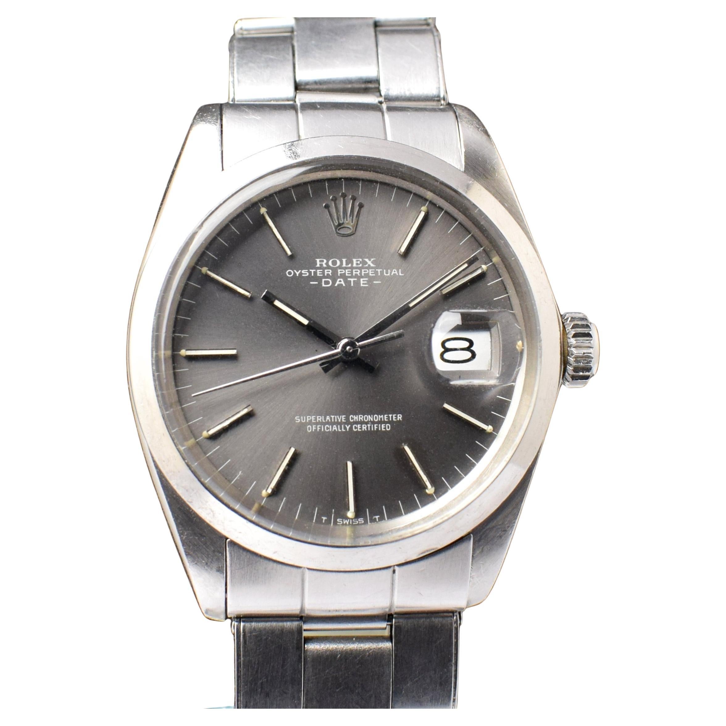 Rolex Steel 34mm Oyster Perpetual Date Grey Dial 1500 Automatic Watch, 1969 For Sale