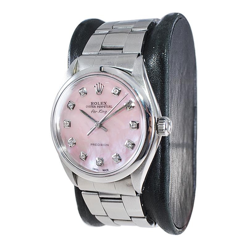 Women's or Men's Rolex Steel Air King with a Custom Diamond Dial, Early 1970's For Sale