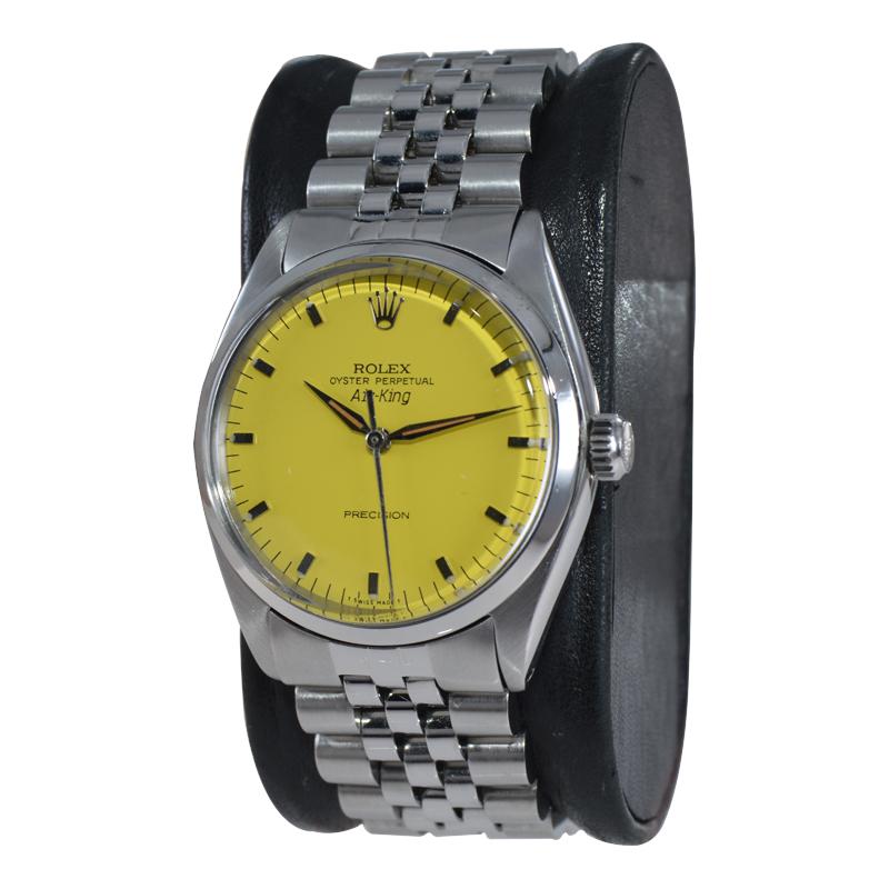 Modernist Rolex Steel Air King Custom Finished Yellow Dial Rare Jubilee Bracelet from 1962