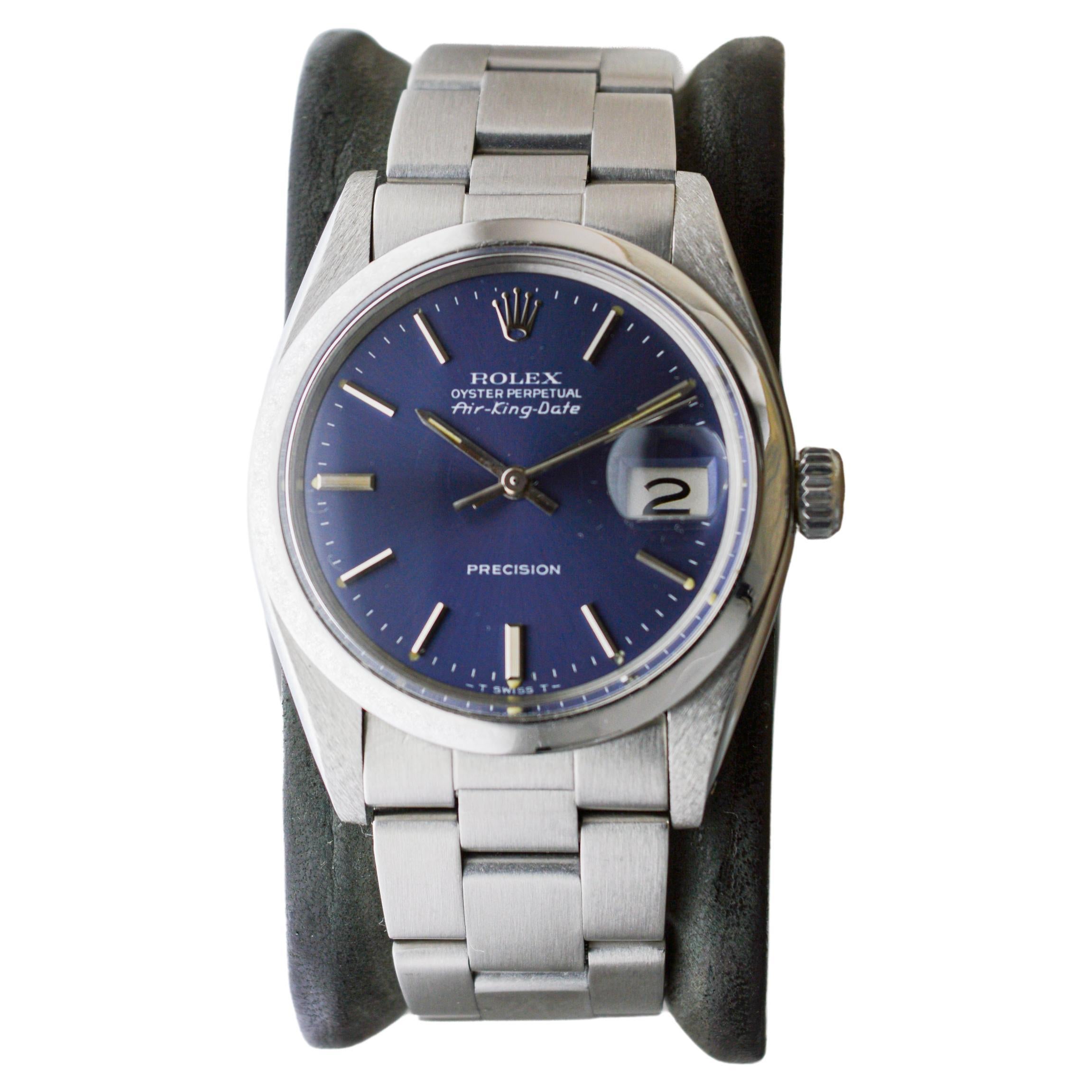 Modernist Rolex Steel Air-King Date Rare Model with Original Blue Dial circa, 1981 For Sale