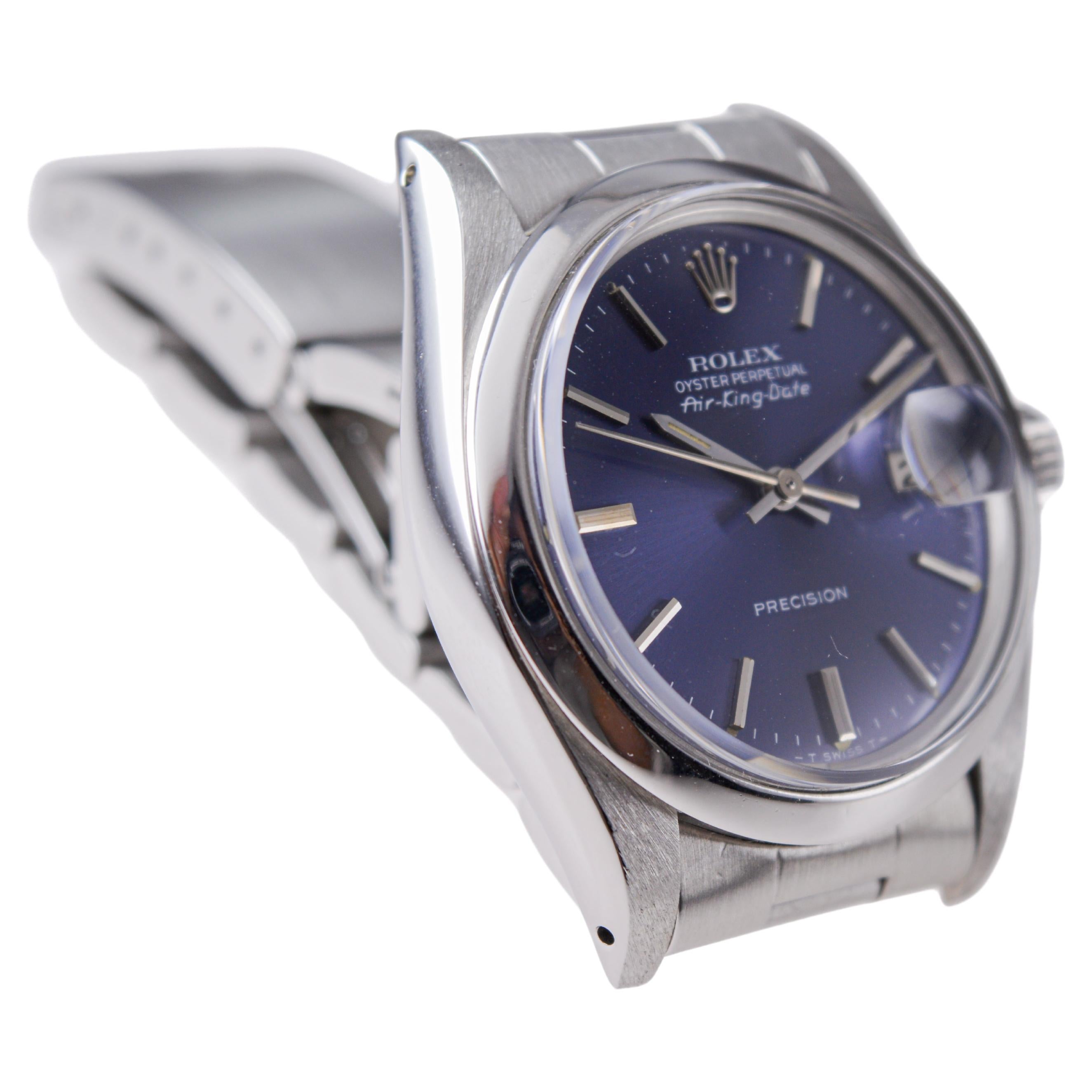Women's or Men's Rolex Steel Air-King Date Rare Model with Original Blue Dial circa, 1981 For Sale