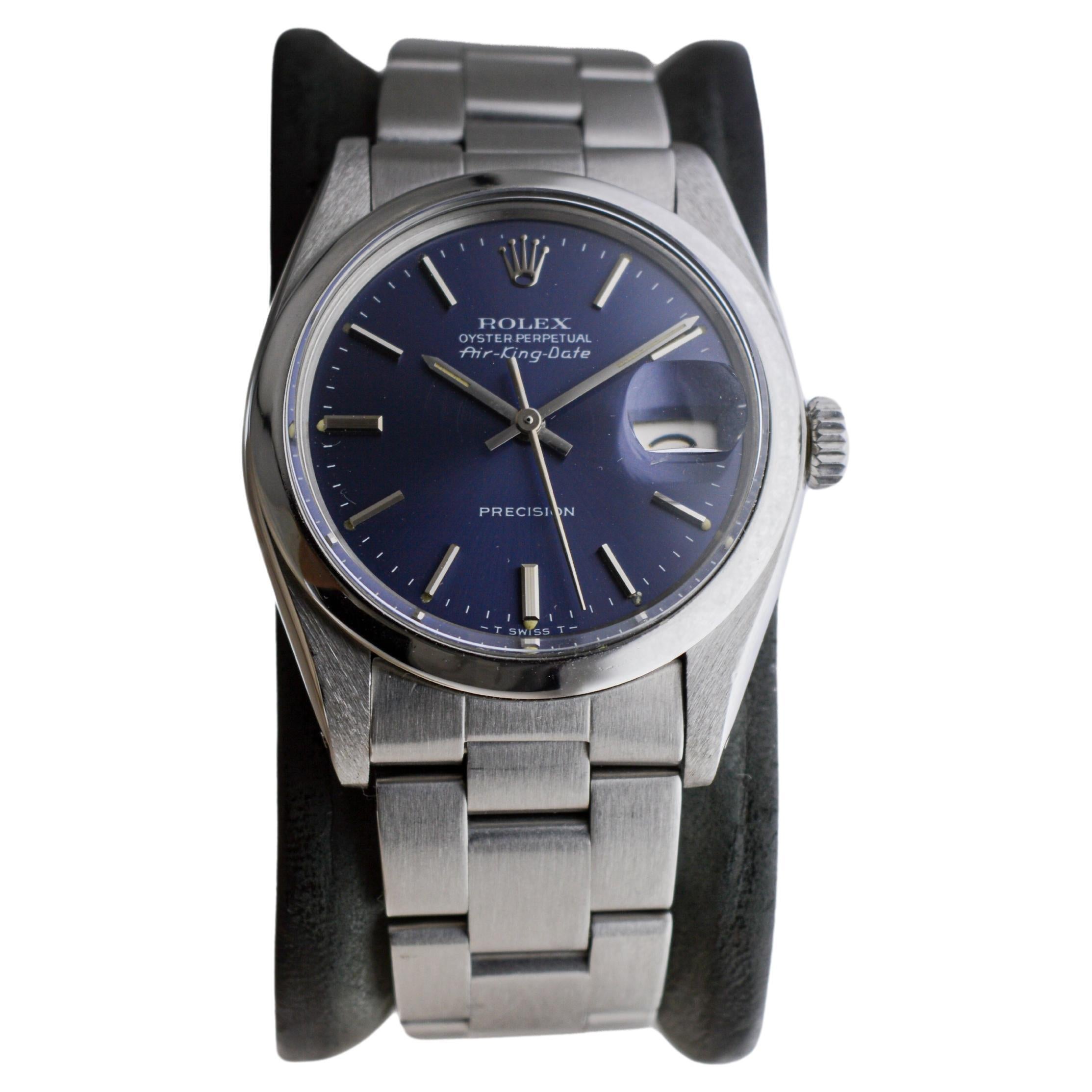 Rolex Steel Air-King Date Rare Model with Original Blue Dial circa, 1981 For Sale