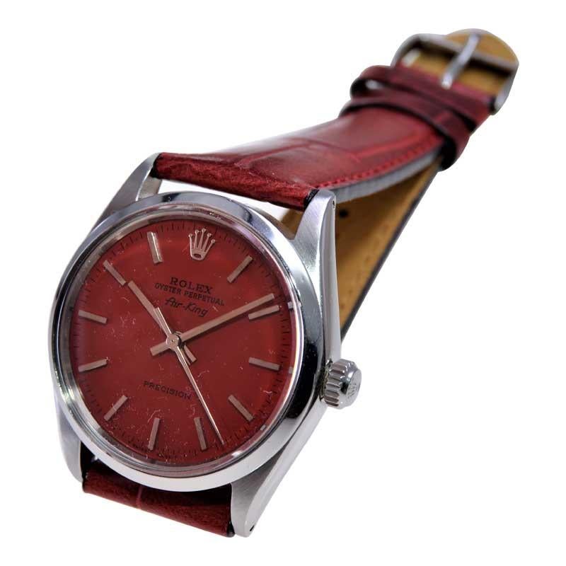Rolex Steel Oyster Perpetual Air King with Exceptional Custom Red Dial 1960's For Sale 3