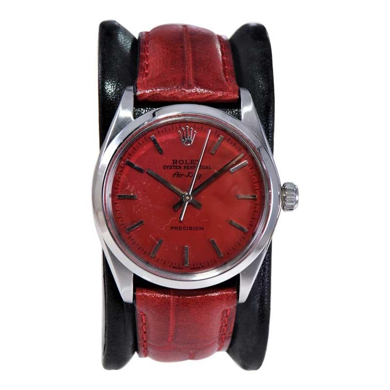 Rolex Steel Oyster Perpetual Air King with Exceptional Custom Red Dial 1960's In Excellent Condition For Sale In Long Beach, CA