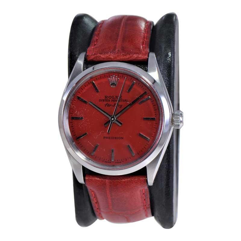 Women's or Men's Rolex Steel Oyster Perpetual Air King with Exceptional Custom Red Dial 1960's For Sale