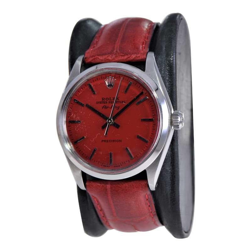 Rolex Steel Oyster Perpetual Air King with Exceptional Custom Red Dial 1960's For Sale 1
