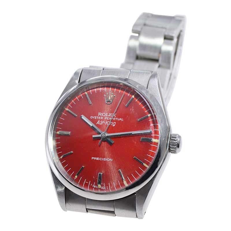 Women's or Men's Rolex Steel Air King with a Custom Red Dial and Original Oyster Bracelet Mid 60s For Sale